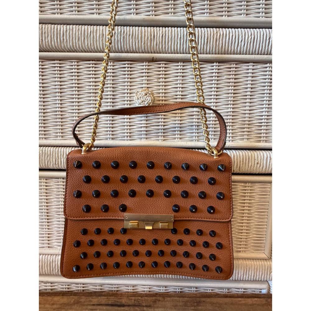 Foley + Corinna Cognac Brown Pebbled Vegan Leather Black Studded Crossbody Bag